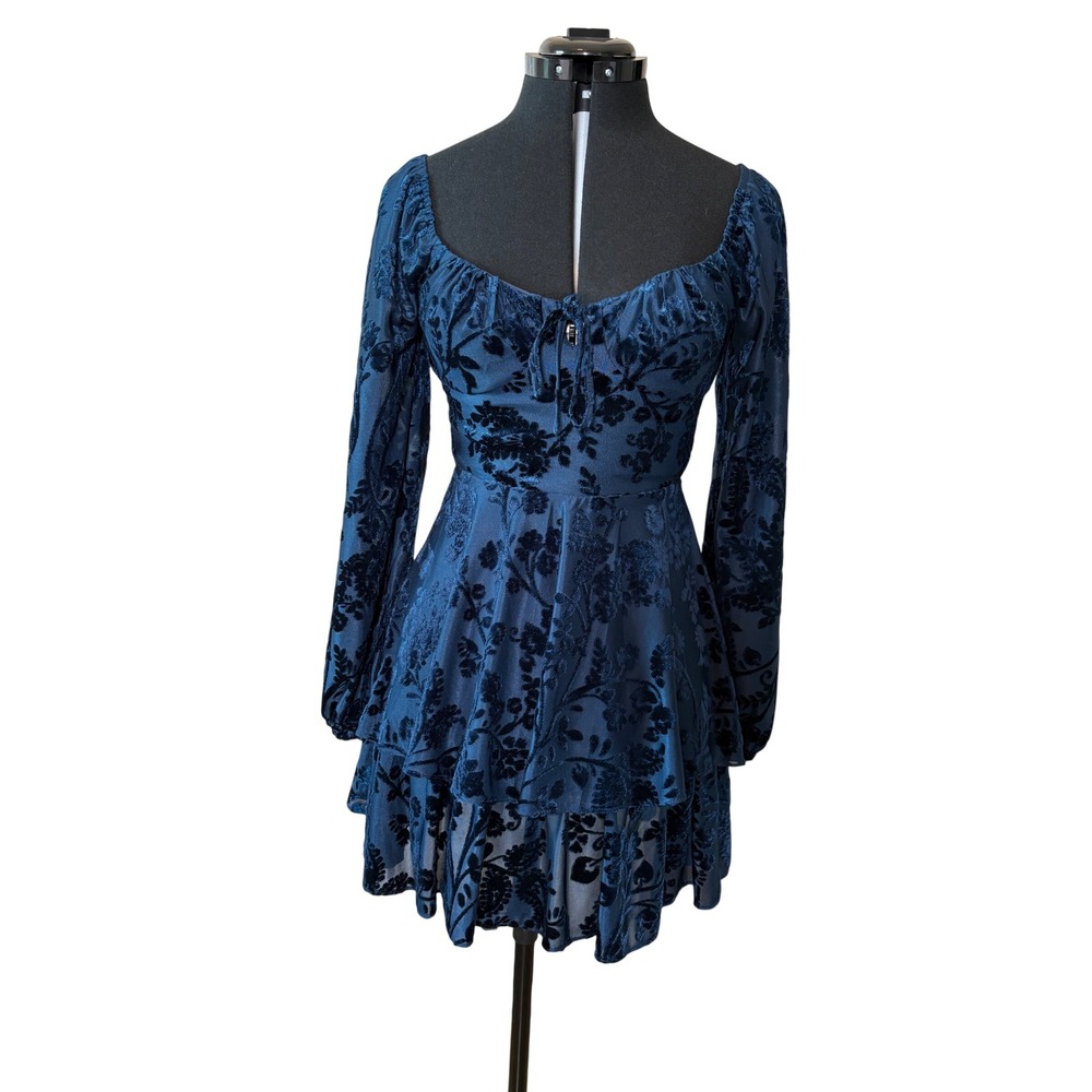 Burnout Velvet Floral Navy Blue Babydoll Tiered Mini Dress Fairycore Size 1 Goth